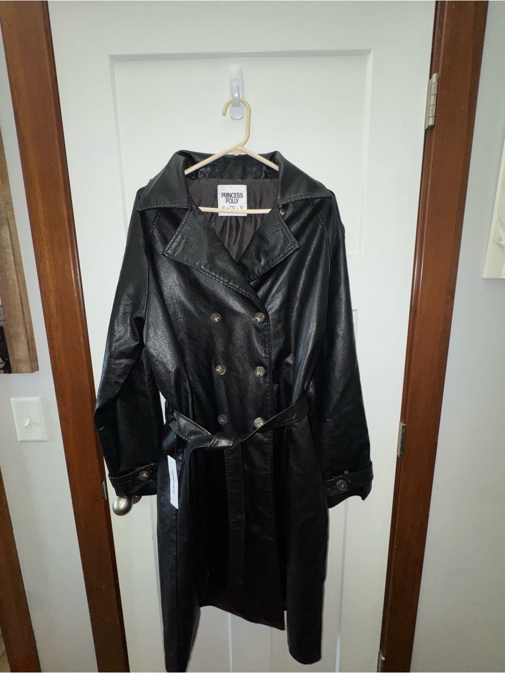 Princess Polly Black Faux Leather Double-Breasted Trench Coat